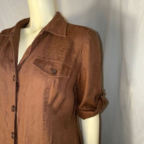 Vintage Maggy Linen Button-Front Utility Shirt Dress/Duster – Chestnut Brown, Si - Picture 10 of 13